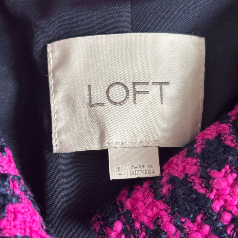 Loft Textured Houndstooth Cropped Jacket Large Pink Navy - Picture 12 of 13